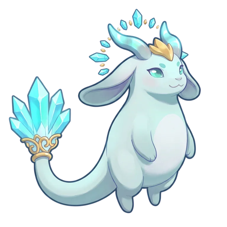 The spirit at its Beacon stage, with a small gold crown, a ring of floating crystals and a large crystal tail