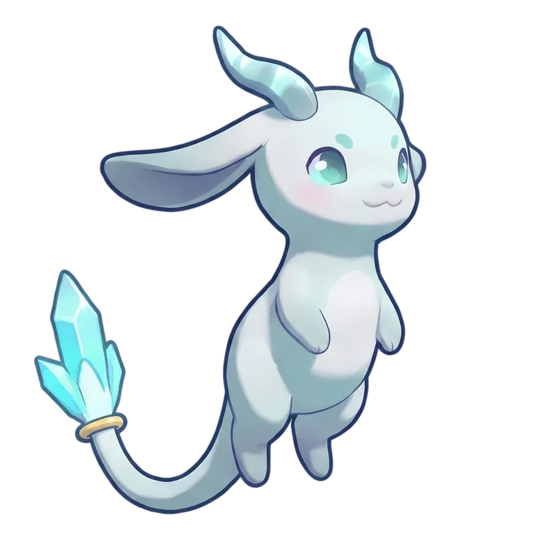 The spark spirit at its first stage: a small, pale, long-eared creature with curled horns and a crystal-tipped tail