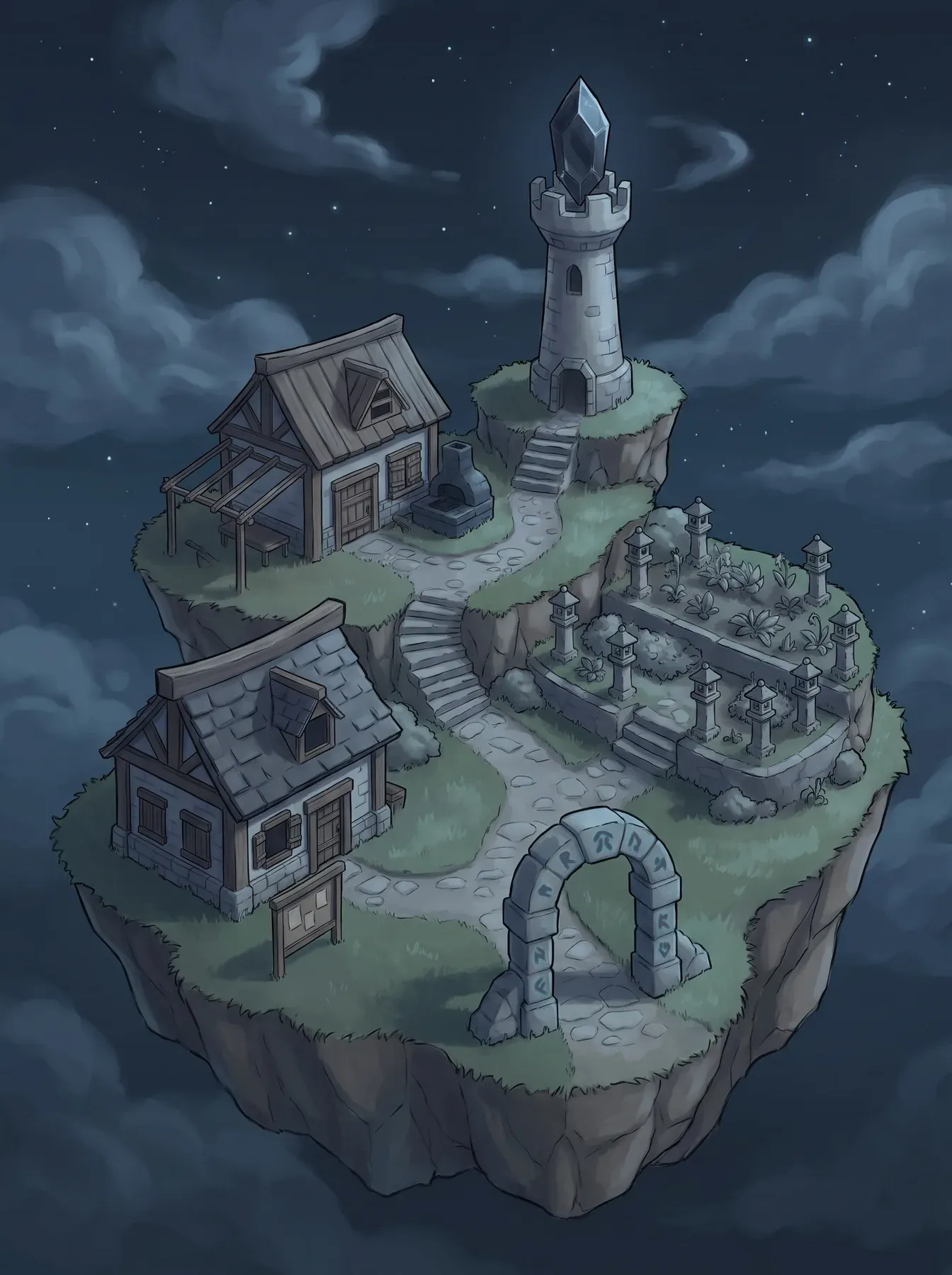 Painted floating island village at night, still dark: a stone archway, two cottages, a garden of unlit lanterns and a tower topped with a dim crystal