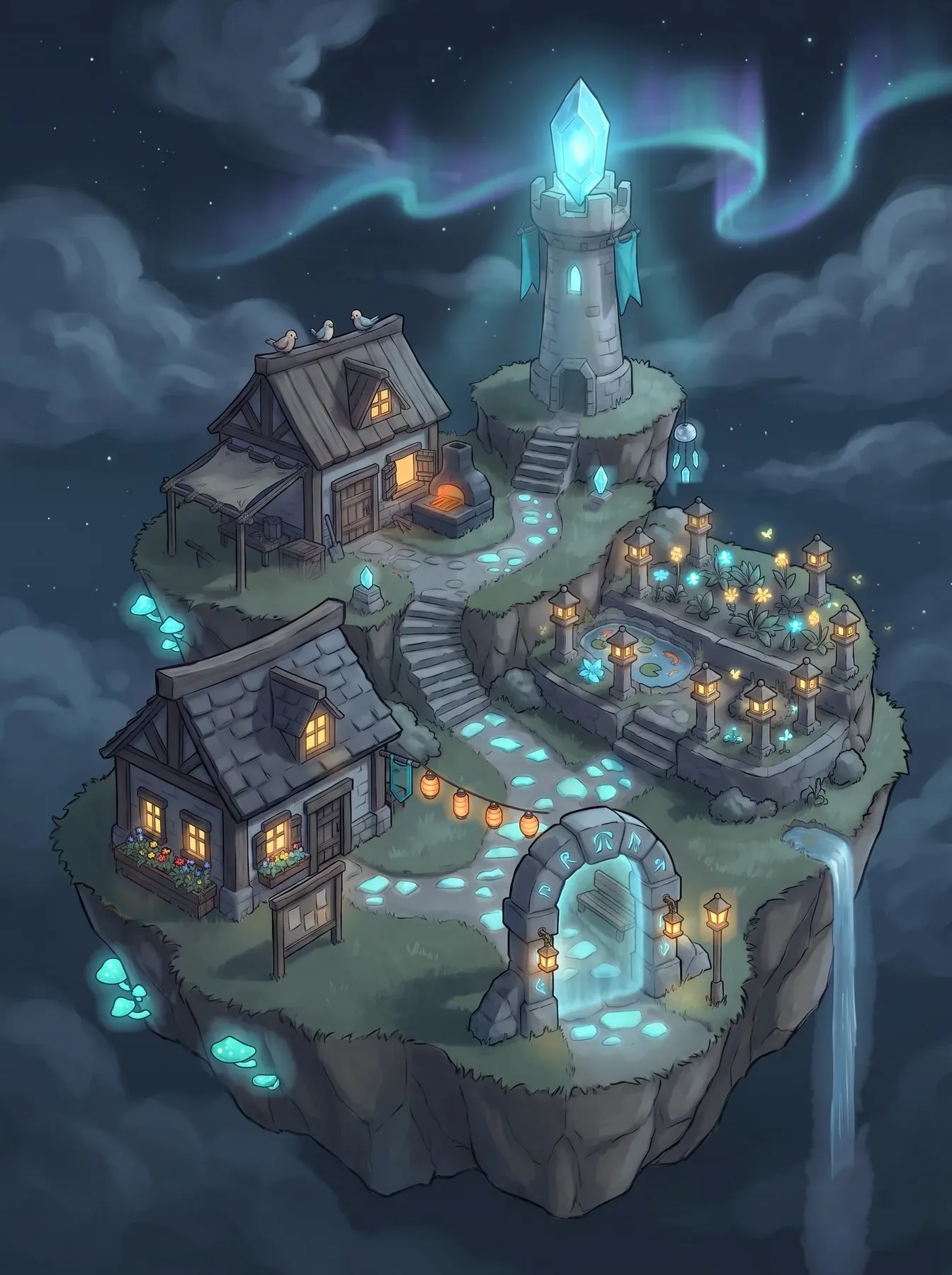 The same floating island village fully relit: a glowing crystal on the beacon tower, warm windows, lanterns, a koi pond, glowing mushrooms, a waterfall and an aurora