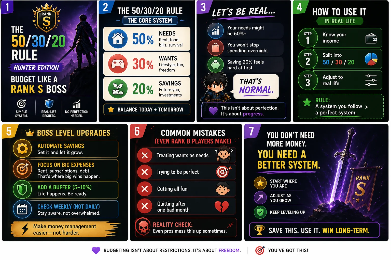 The 50/30/20 Rule Hunter Edition infographic — 7-panel visual guide covering the core system, real-life application, boss-level upgrades, common mistakes, and Rank S mindset
