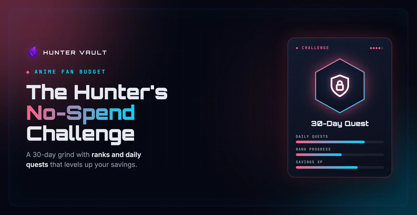 RPG-style no-spend challenge tracker showing daily quest completions and savings rank progression