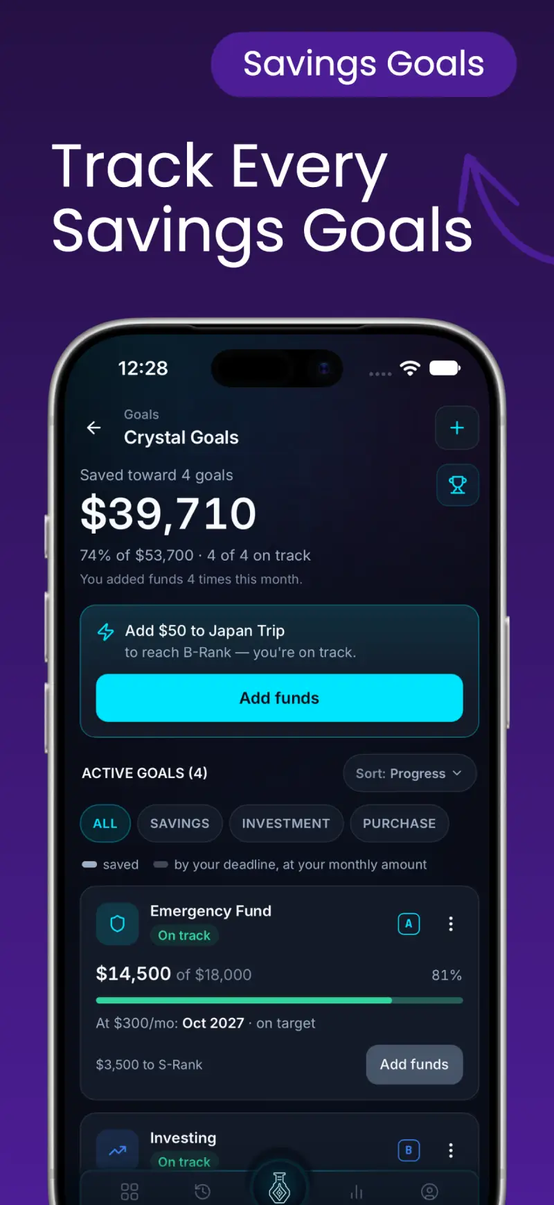Hunter Vault App Store screenshot of the Savings Goals screen: a total saved, then a progress bar, rank and Add funds button for each goal