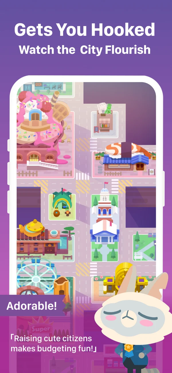 Fortune City App Store screenshot titled “Gets You Hooked: Watch the City Flourish”, showing a colorful isometric town and a cartoon mascot with the caption “Raising cute citizens makes budgeting fun!”