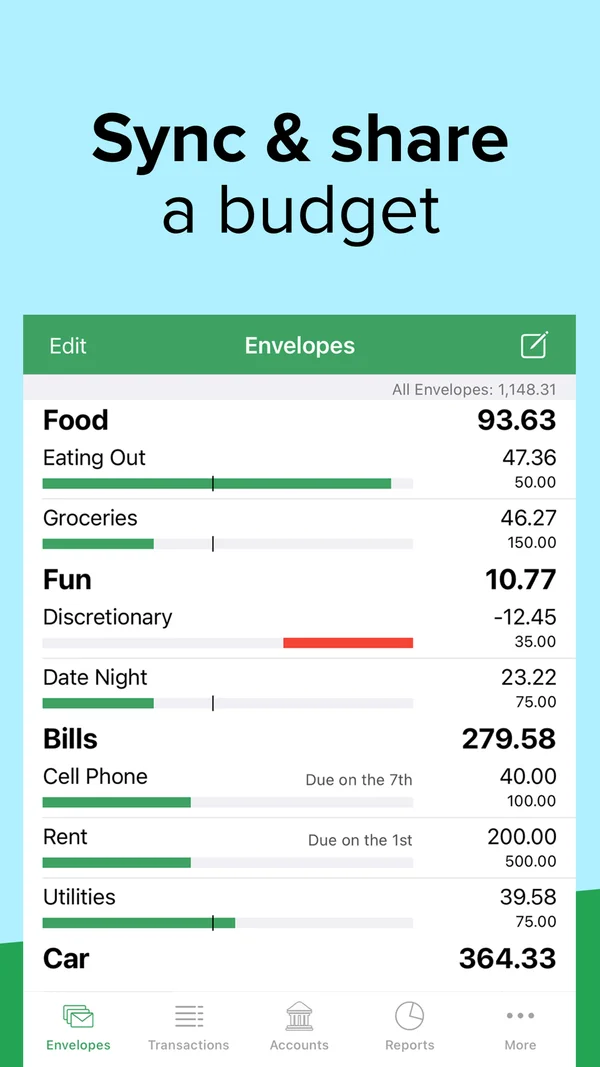 Goodbudget App Store screenshot titled “Sync & share a budget”, showing the Envelopes screen with Food, Fun and Bills envelopes and a progress bar for each