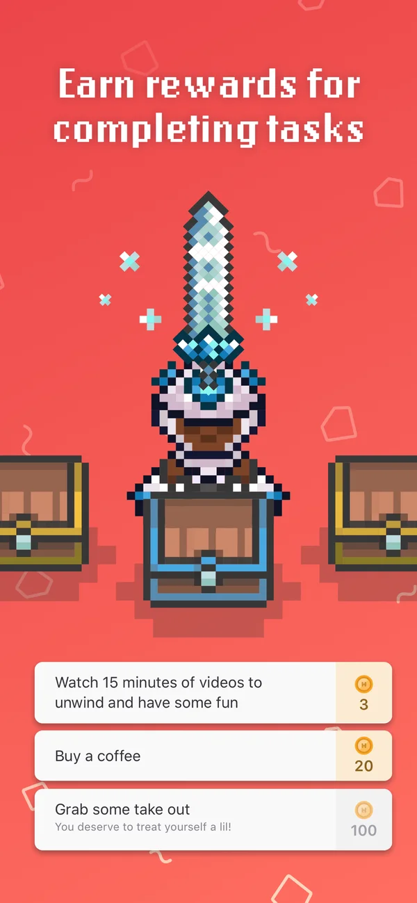 Habitica App Store screenshot titled “Earn rewards for completing tasks”, showing a pixel-art sword reward above a task list, such as buying a coffee, with a gold reward value next to each task