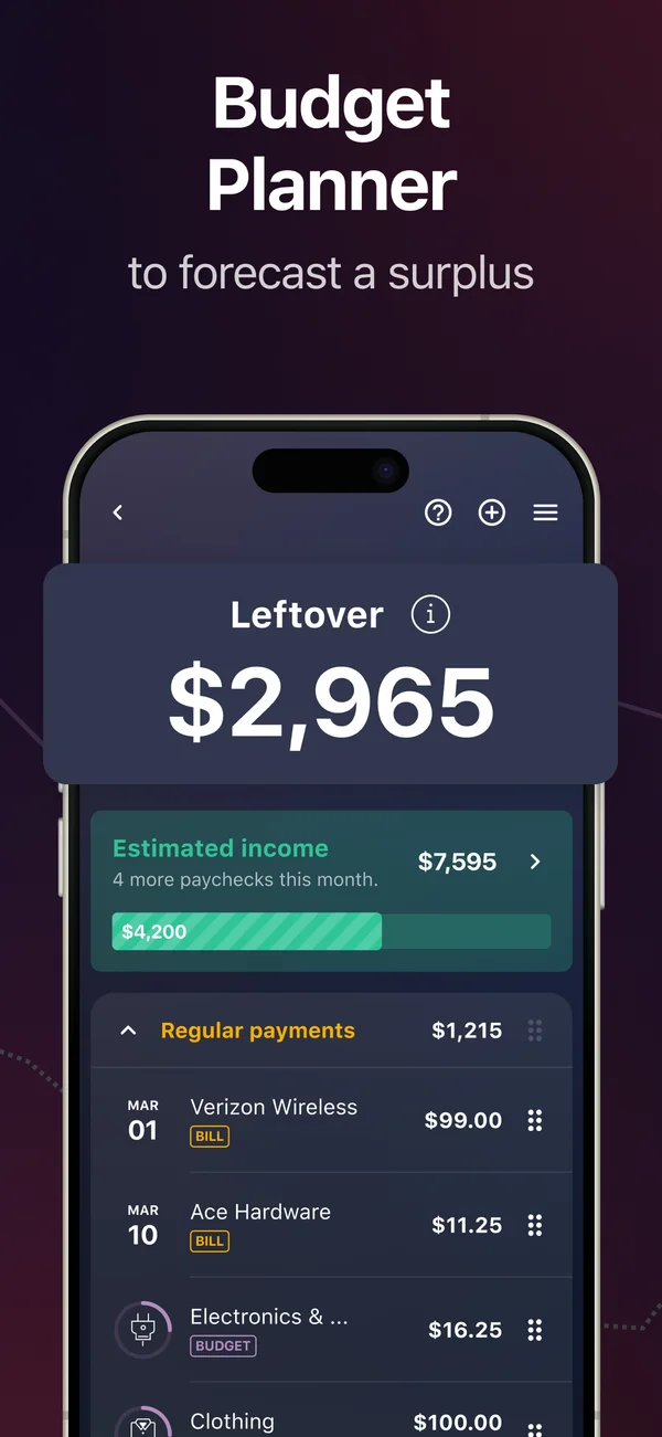 PocketGuard App Store screenshot titled “Budget Planner to forecast a surplus”, showing a Leftover amount of $2,965 above estimated income and a list of regular payments