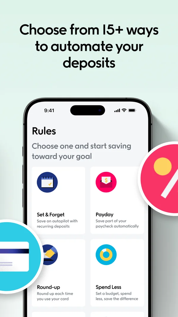 Qapital App Store screenshot titled “Choose from 15+ ways to automate your deposits”, showing the Rules screen with Set & Forget, Payday, Round-up and Spend Less saving rules