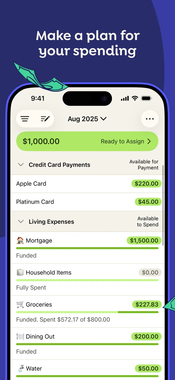 YNAB App Store screenshot titled “Make a plan for your spending”, showing a monthly plan with $1,000.00 Ready to Assign and categories such as Credit Card Payments, Mortgage, Groceries and Dining Out, each with its assigned amount