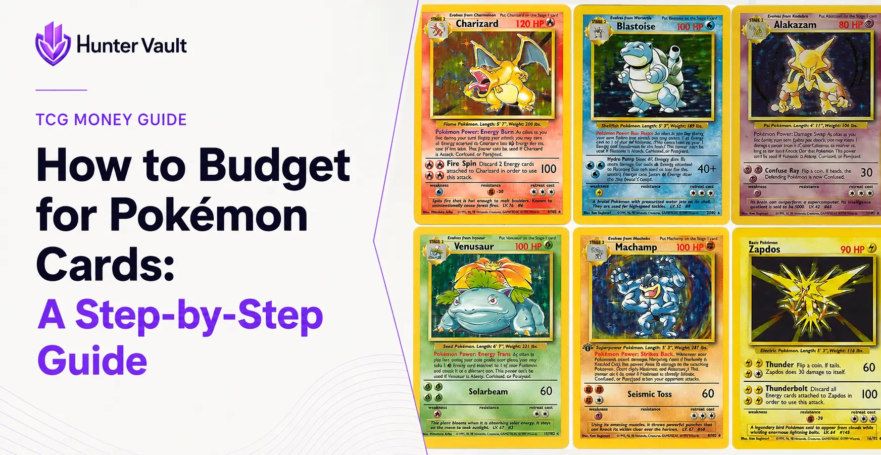 Colorful Pokémon trading cards fanned out on a table next to a phone with a budget tracker