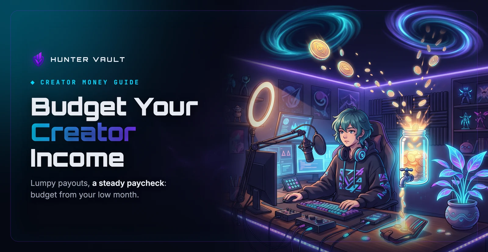 Streamer at a night desk as unevenly falling coins collect in a glowing jar that pays out a steady trickle