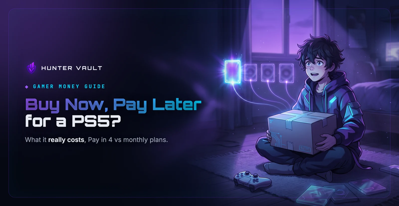 Gamer at dusk holding a sealed console box as four glowing payment tiles hover in a row like quest markers