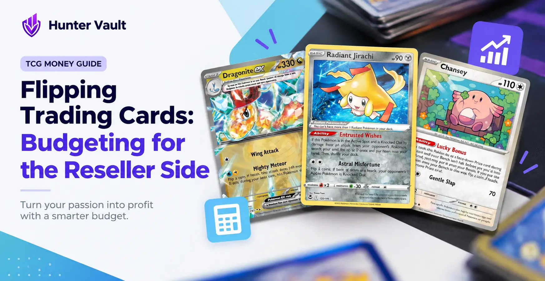 Trading cards spread on a desk with a shipping envelope, calculator, and laptop showing a marketplace