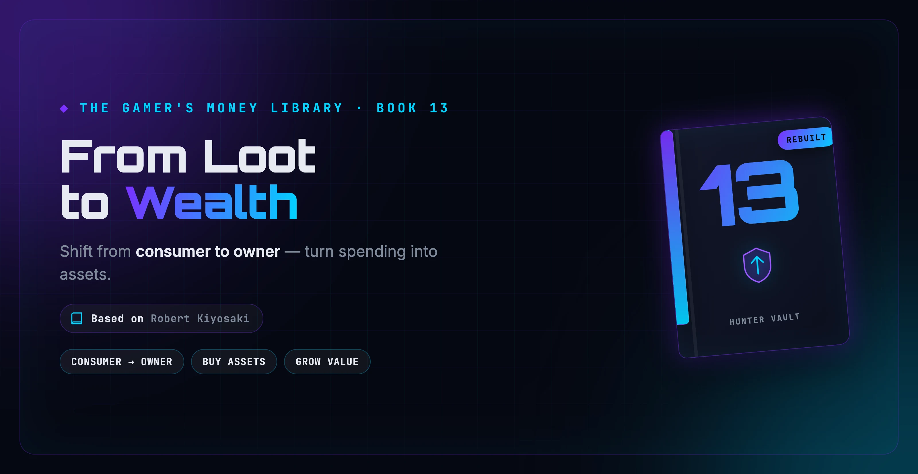 A pile of loot transforming into glowing stacks of value, representing a gamer's shift from consumer to owner