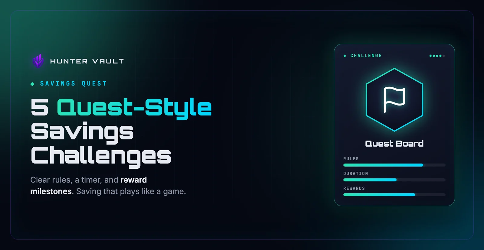 Quest log UI showing savings challenges as in-game objectives with progress bars