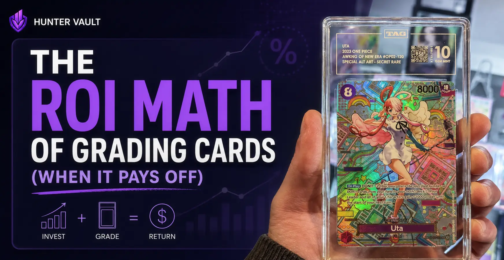 PSA graded card slab next to a calculator showing ROI math and a stack of raw trading cards