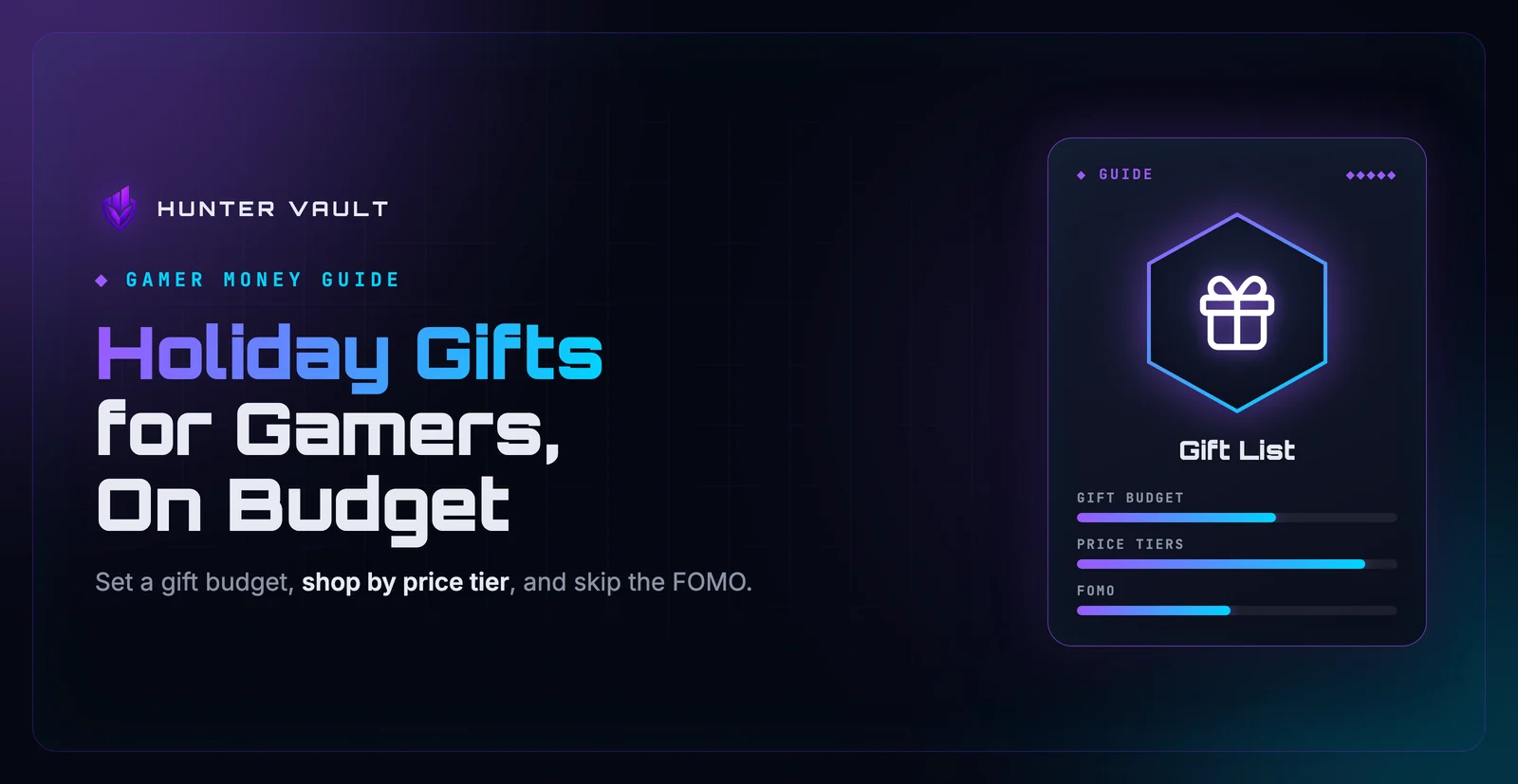 A holiday gift budget for gamers split into price tiers with a total spending cap