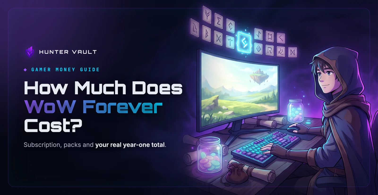 Adventurer at a night desk with a keyboard and mouse as a glowing calendar of monthly tiles arcs above the monitor beside a coin jar
