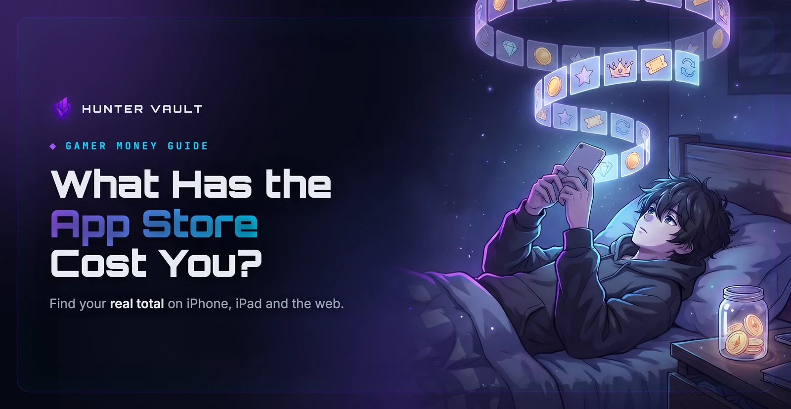 How Much Have I Spent on the App Store? How to See Your Purchase History and Real Total. Cover image: Gamer lying on a bed at night holding up a plain phone as a ribbon of glowing purchase icons spirals up from the screen