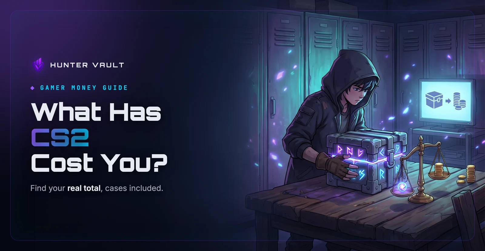 Player in a dim locker room weighing a glowing sealed crate against a short stack of coins