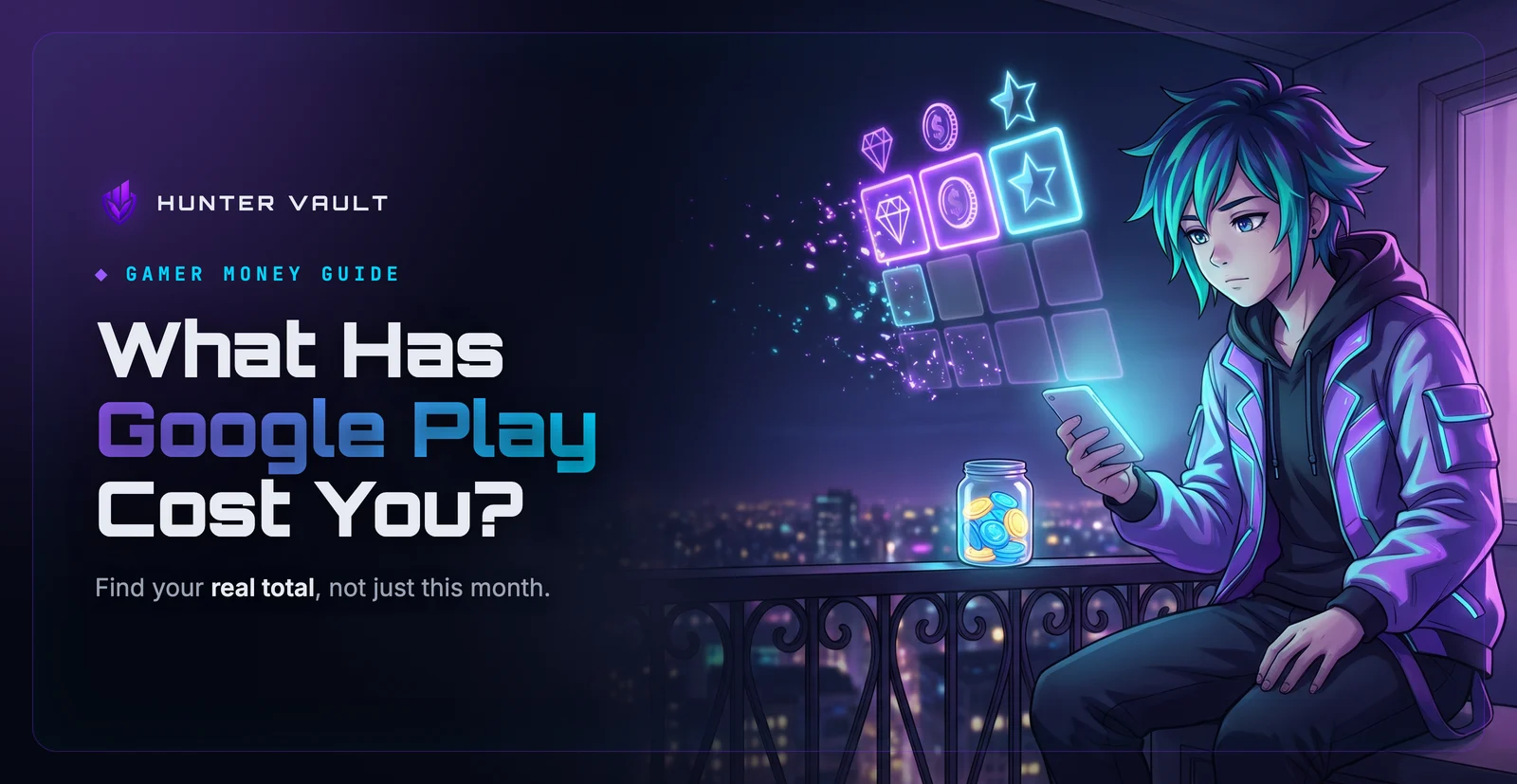Gamer on a balcony at night holding a plain phone beside a floating calendar of glowing month tiles, the oldest fading away