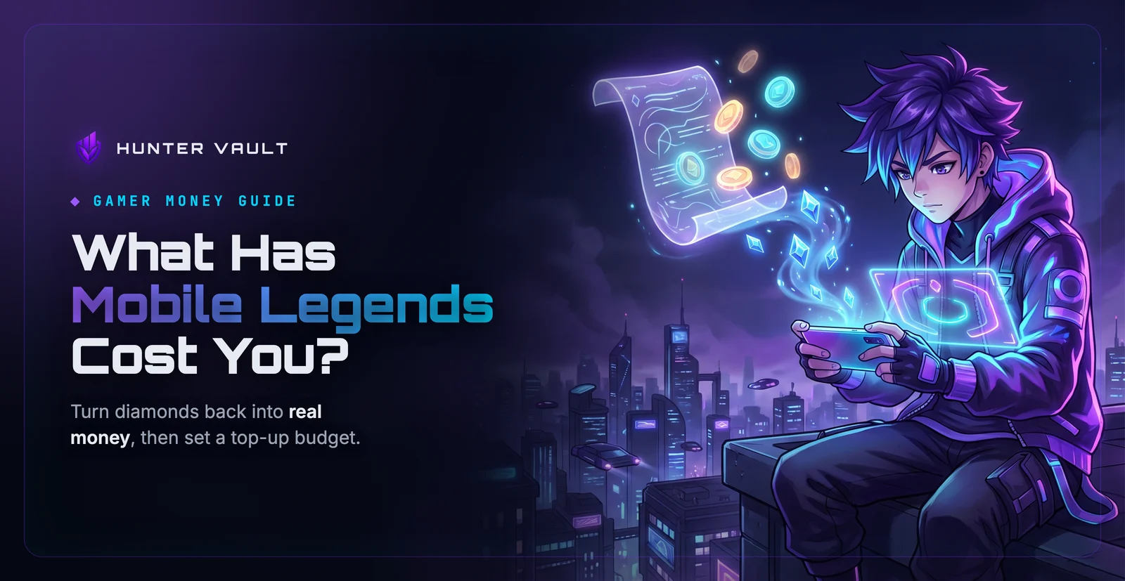 Mobile gamer on a night rooftop as glowing diamonds from a phone turn into coins on a ledger