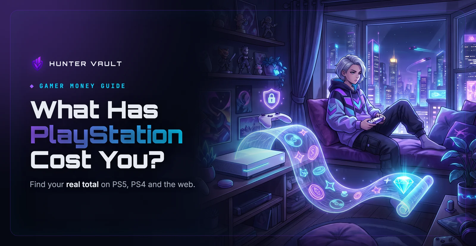 Gamer on a bedroom window seat as a glowing scroll of purchase icons unrolls from an unbranded console