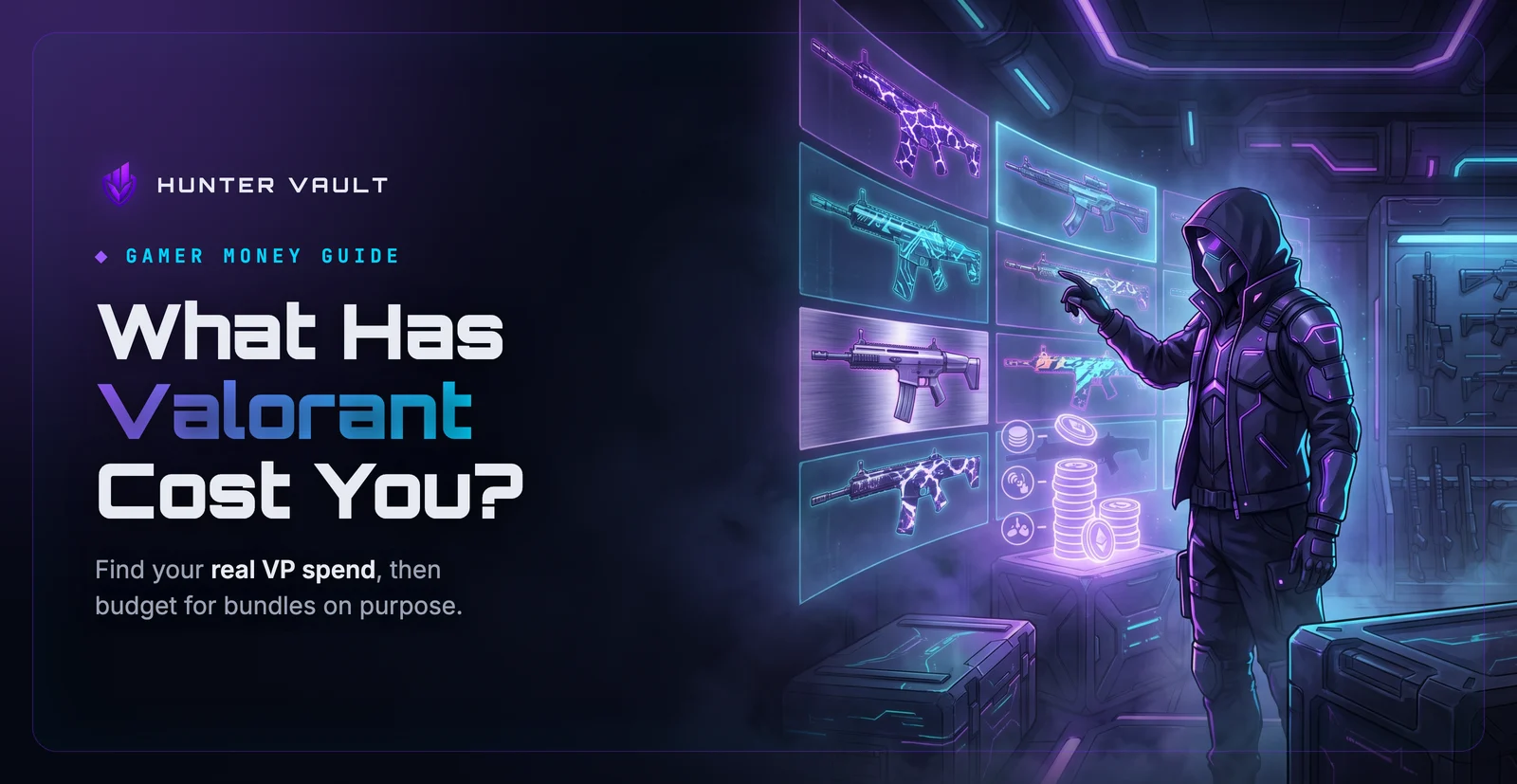 Agent in a dim armory studying a glowing wall of decorative rifle finishes beside a growing coin stack