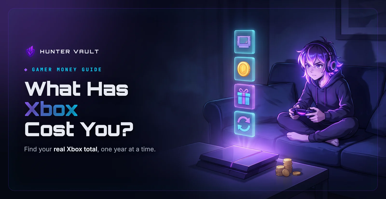 Gamer on a couch at night with an unbranded console as icon-only purchase tiles rise above it like a quest log
