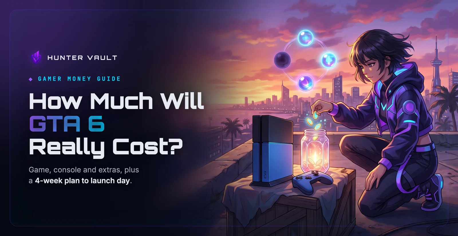 Young hunter on a sunset rooftop dropping glowing coins into a crystal jar beside an unbranded console