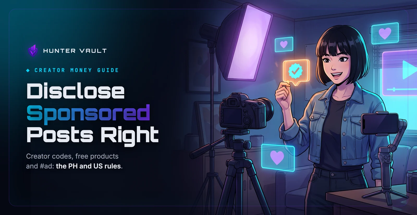 Creator holding a glowing checkmark badge up to the camera in a home studio