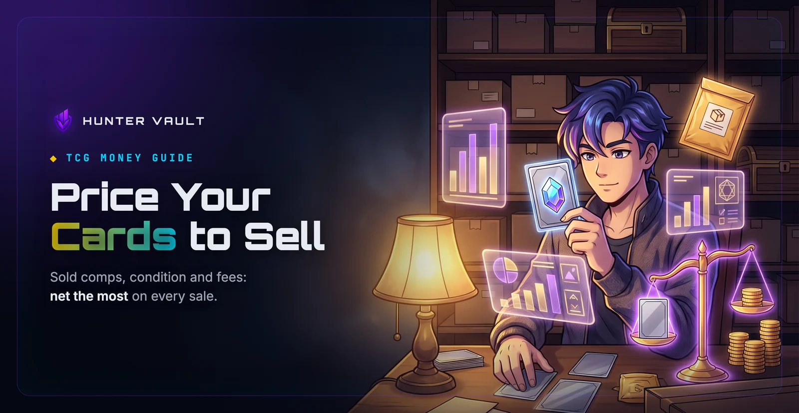 Collector at a lamp-lit desk weighing a sleeved card against coins beside glowing price panels