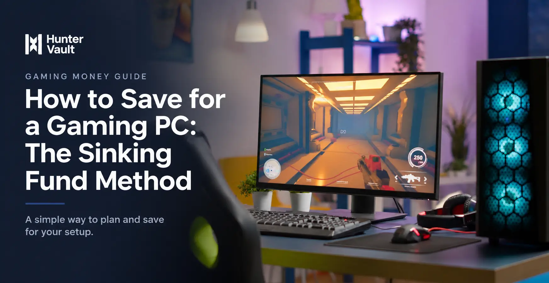 A gaming setup with a glowing PC tower and peripherals, representing a savings goal you're building toward over time