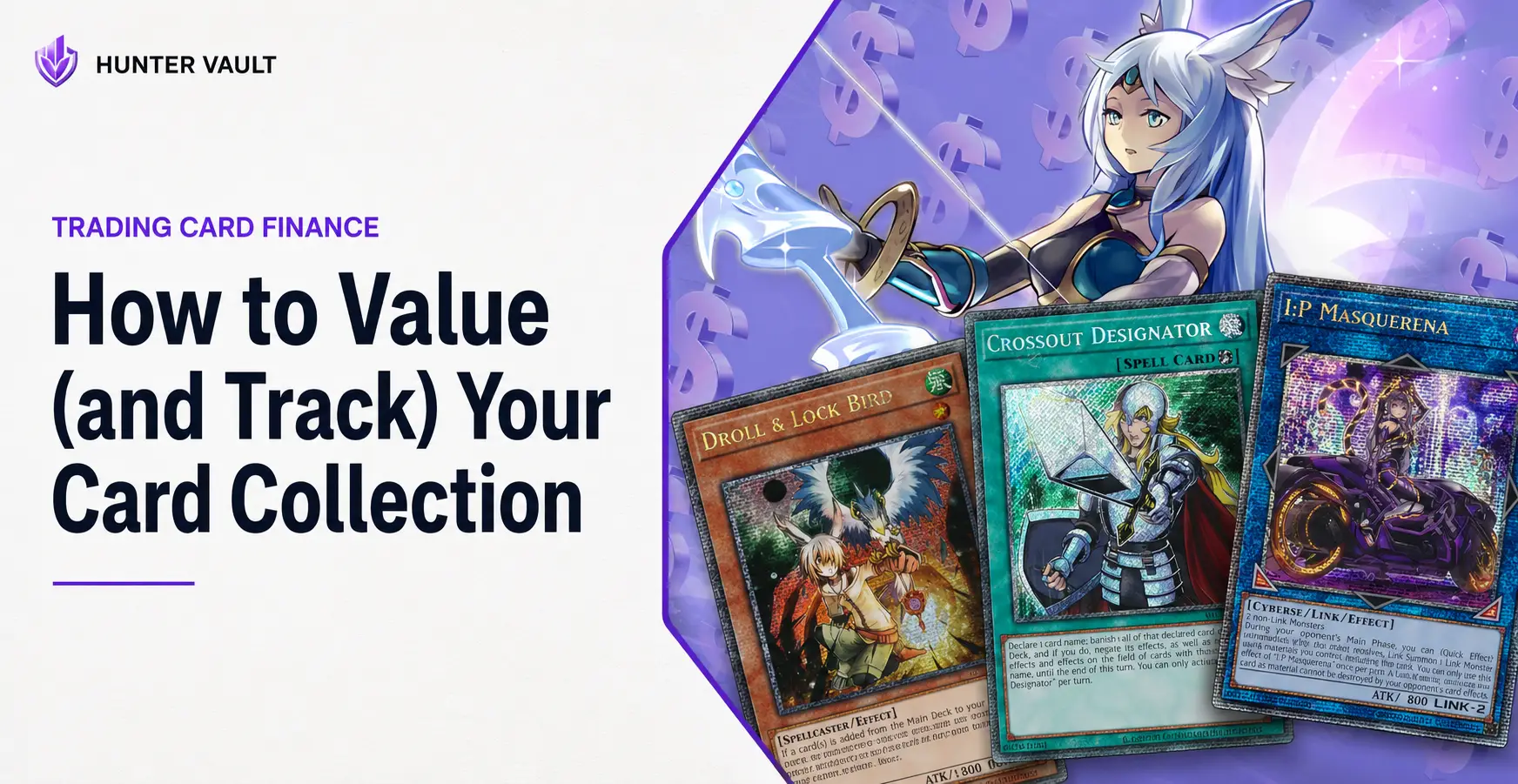 Trading card collection spread on a table with a laptop showing TCGplayer prices and a notebook with collection values written down