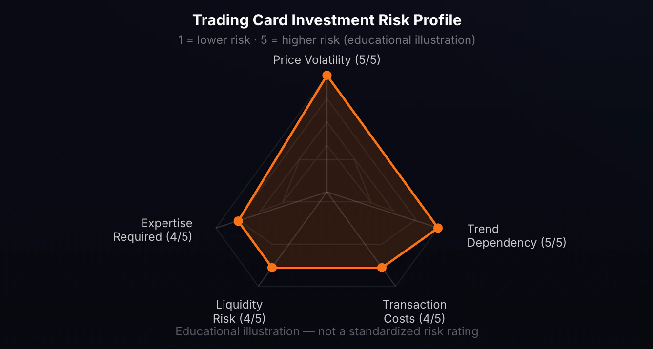 Trading Card Investment Risk Profile. Radar chart with five axes showing risk levels for trading cards as an investment. Liquidity risk: high (4/5). Transaction costs: high (4/5). Price volatility: very high (5/5). Trend dependency: very high (5/5). Expertise required: high (4/5). Each axis scored 1-5 where 5 is highest risk.