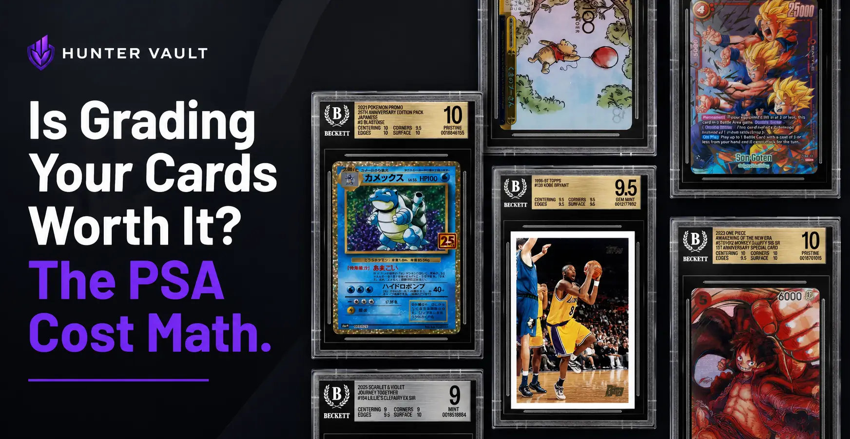 PSA graded card slab next to a calculator showing grading cost math and a trading card collection