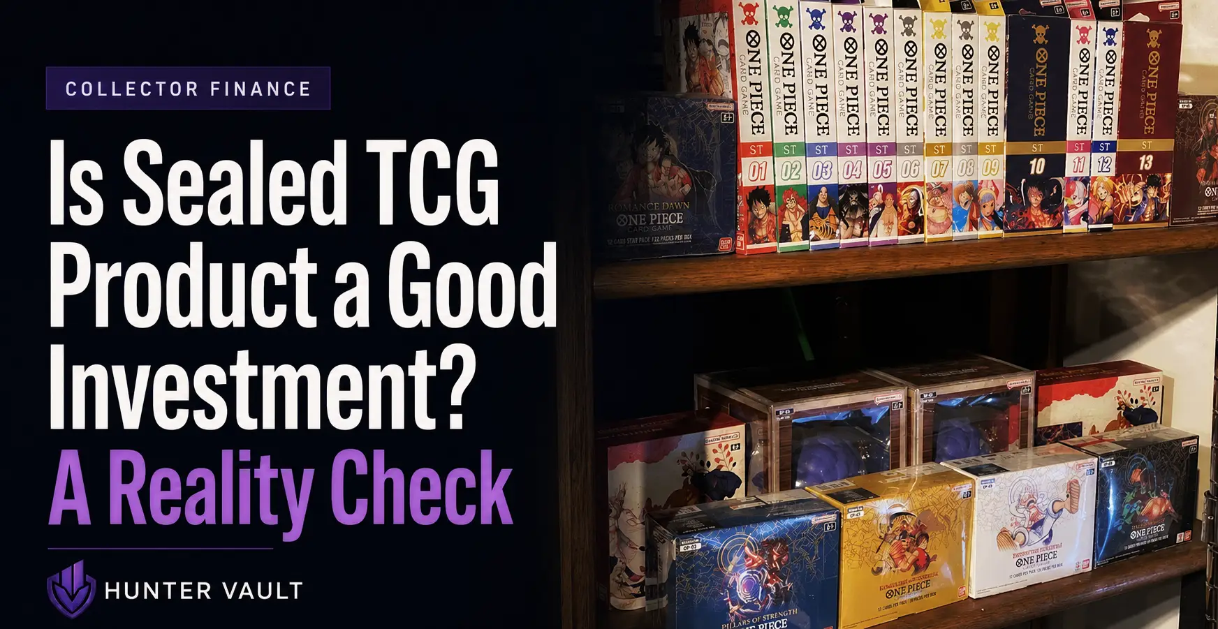 Sealed TCG booster boxes stacked on a shelf next to an investment calculator and price chart showing mixed returns