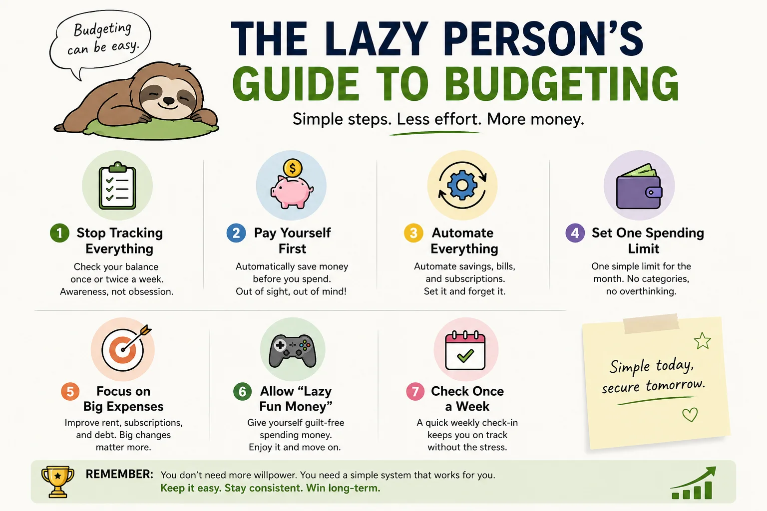 The Lazy Person's Guide to Budgeting infographic — 7 low-effort steps: one number, pay yourself first, automate, big wins, fun money, simple tools, weekly check