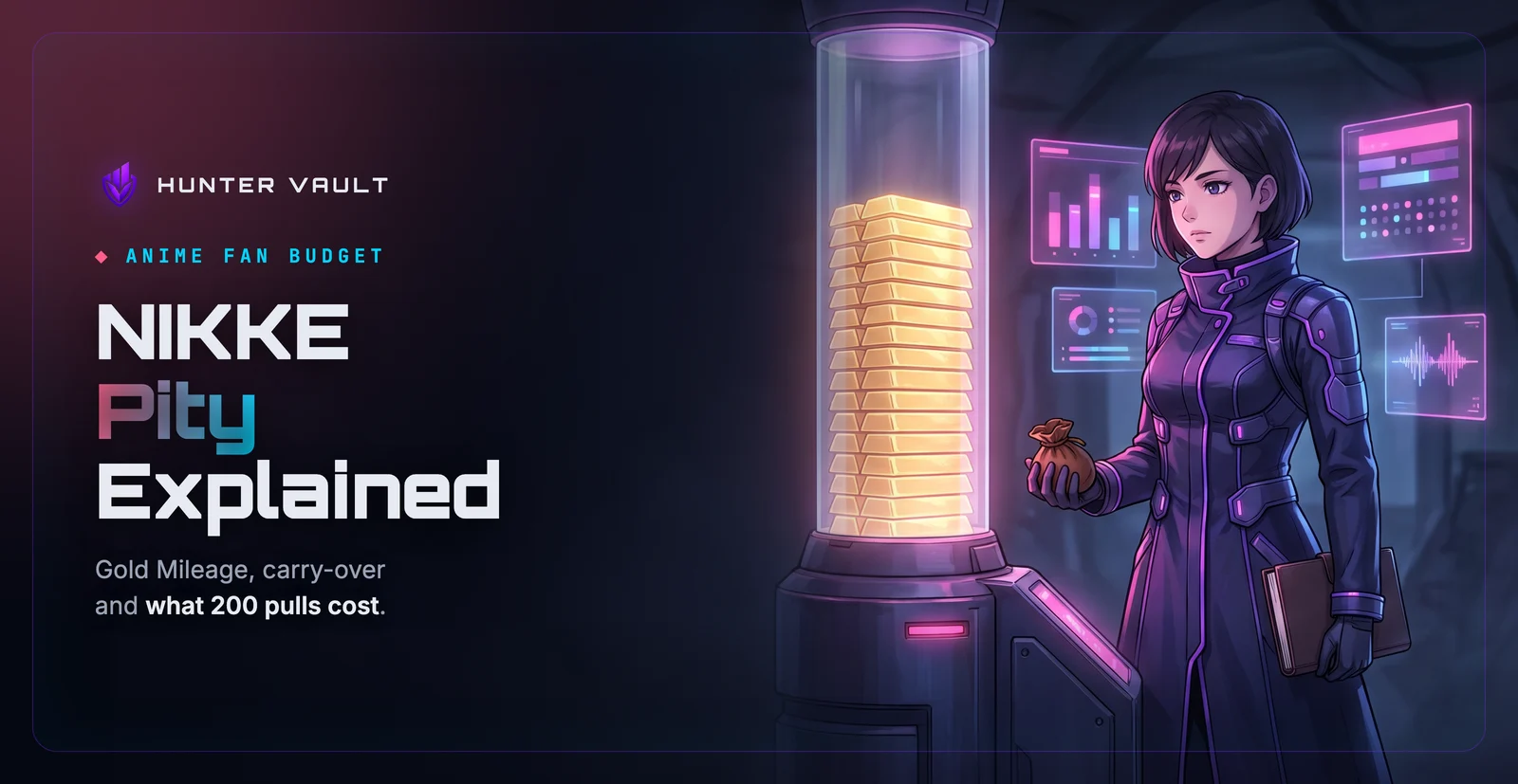 NIKKE Pity System Explained: Gold Mileage, Carry-Over and the Real Cost of 200 Pulls. Cover image: Commander beside a glowing recruitment console and a tall glass column filling with golden mileage plates, holding a coin pouch and a planner