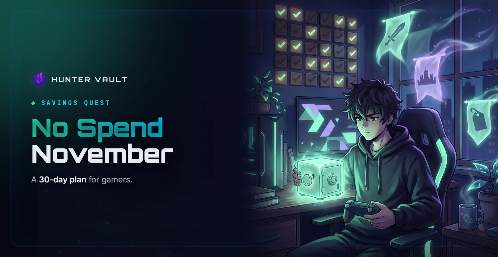No Spend November for Gamers: A 30-Day Plan for 2026's Busiest Spending Month. Cover image: Gamer at a desk guarding a glowing coin vault while game launch and sale banners drift past the window