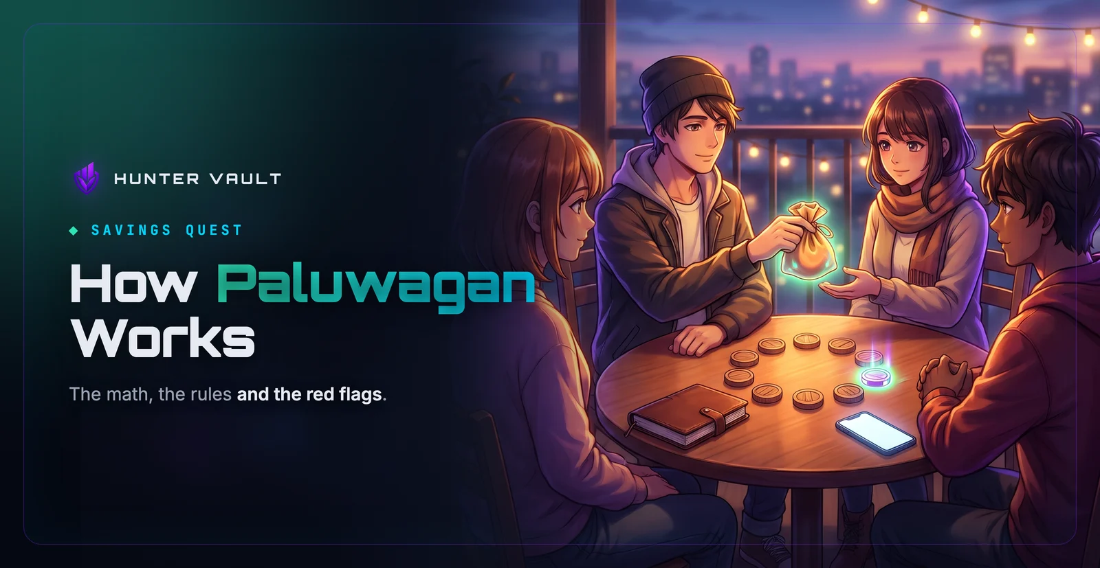 How Does Paluwagan Work? The Math, Rules and Risks Explained. Cover image: Circle of friends at a table on a city balcony at dusk passing a glowing coin pouch around a ring of wooden tokens