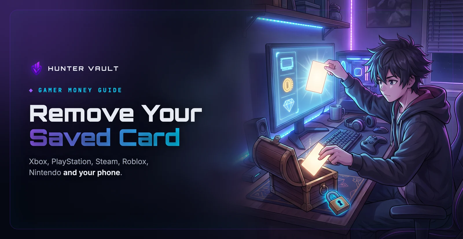 Gamer at a desk at night lifting a glowing blank card out of a floating store window and into a small treasure chest with a padlock