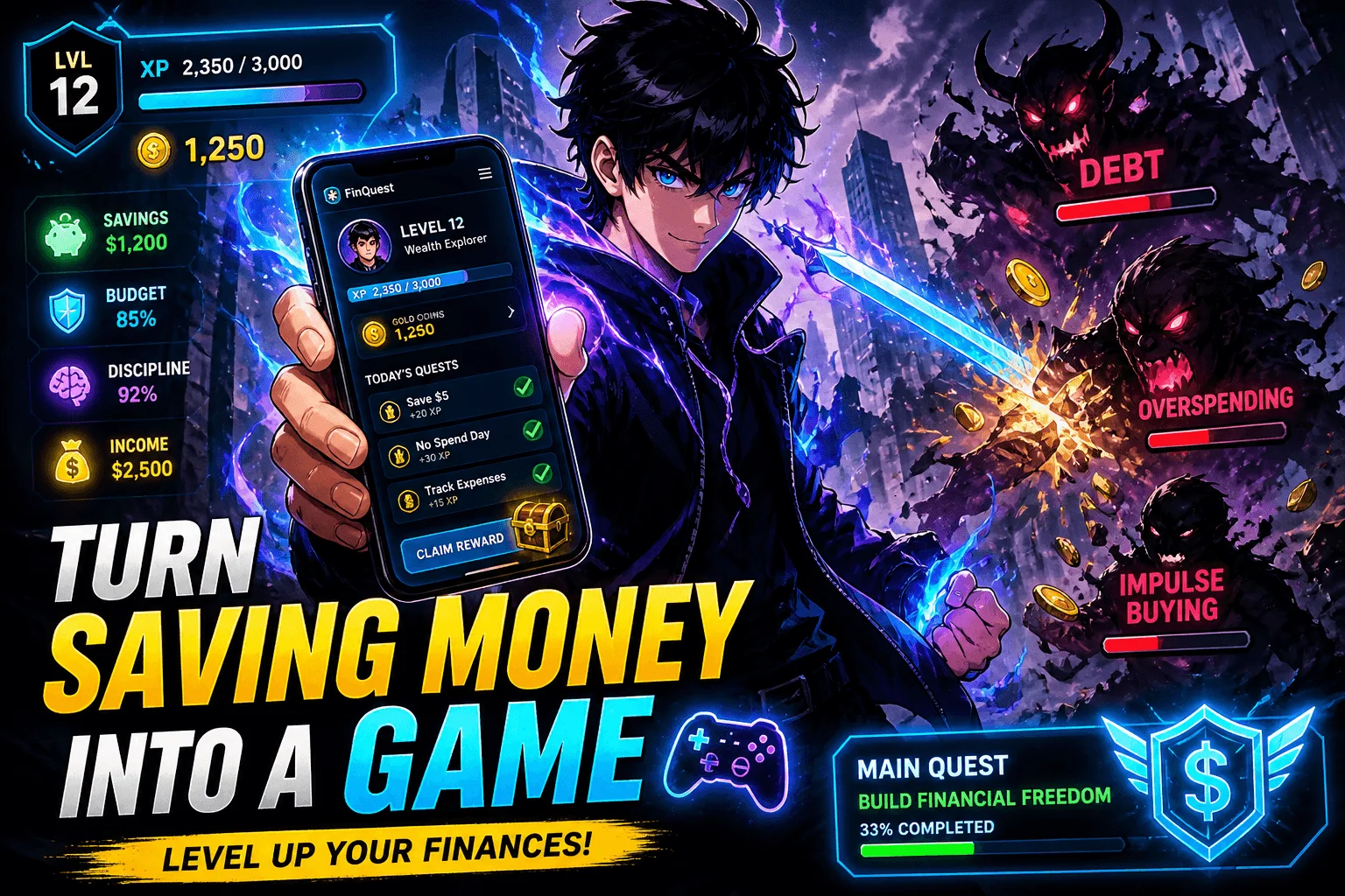 Gamified savings challenges — turn no-spend, 52-week, and round-up challenges into XP, streaks, and visible progress