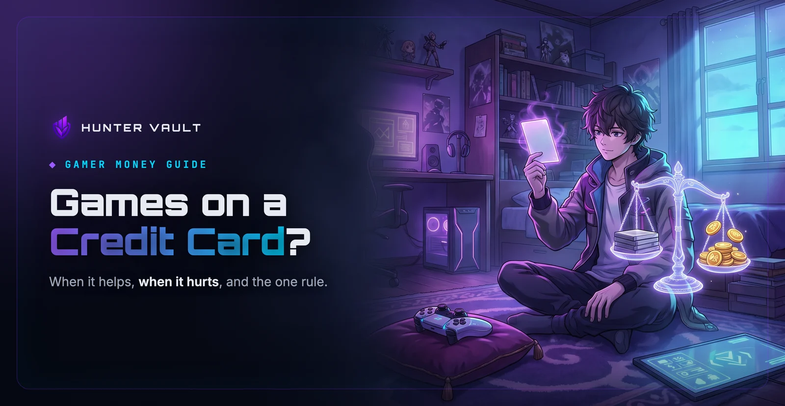 Gamer at dusk holding up a glowing blank card beside a floating scale weighing game cases against gold coins