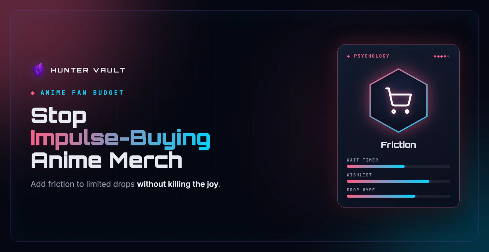 Limited anime merch displayed in a shopping cart with a pause-before-buying reminder overlay