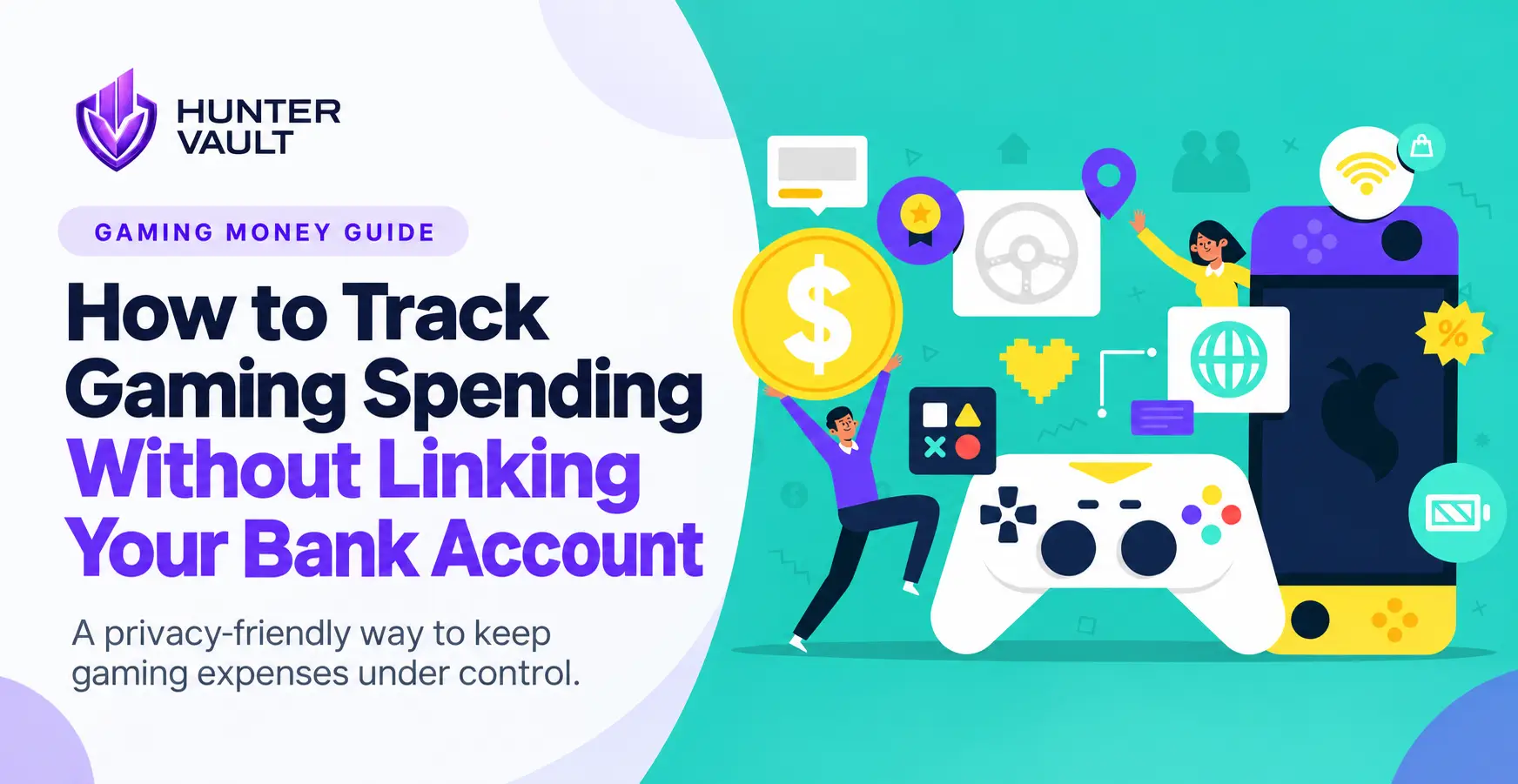 Gaming controller next to a notebook and phone showing manual spending log