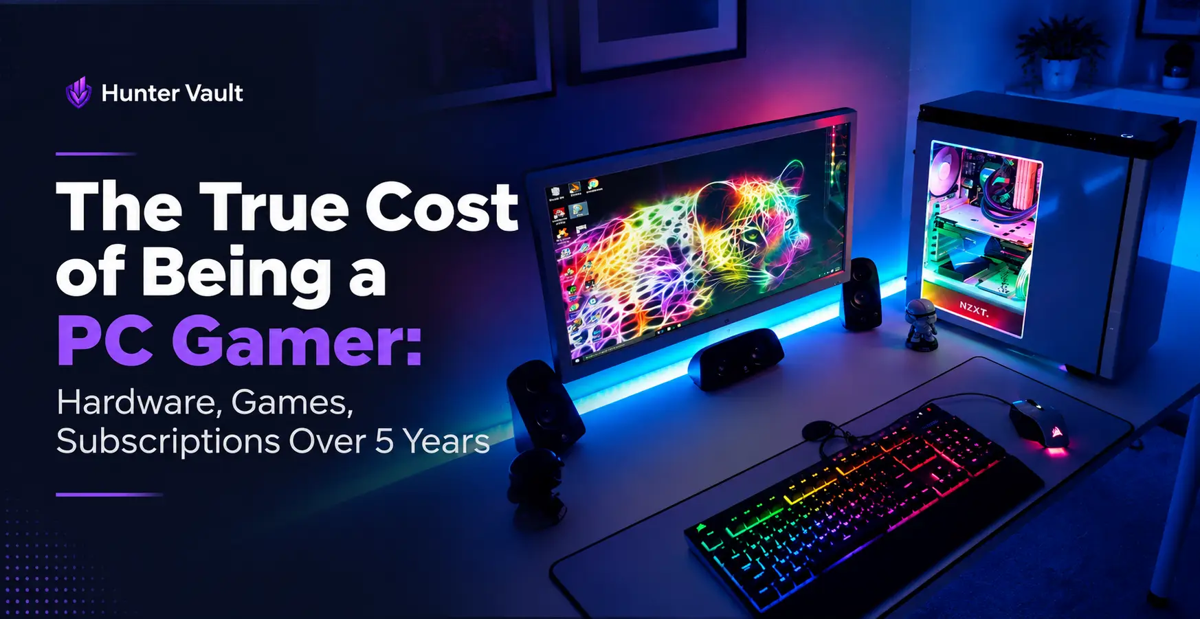 PC gaming setup with cost breakdown labels on components, peripherals, and game library