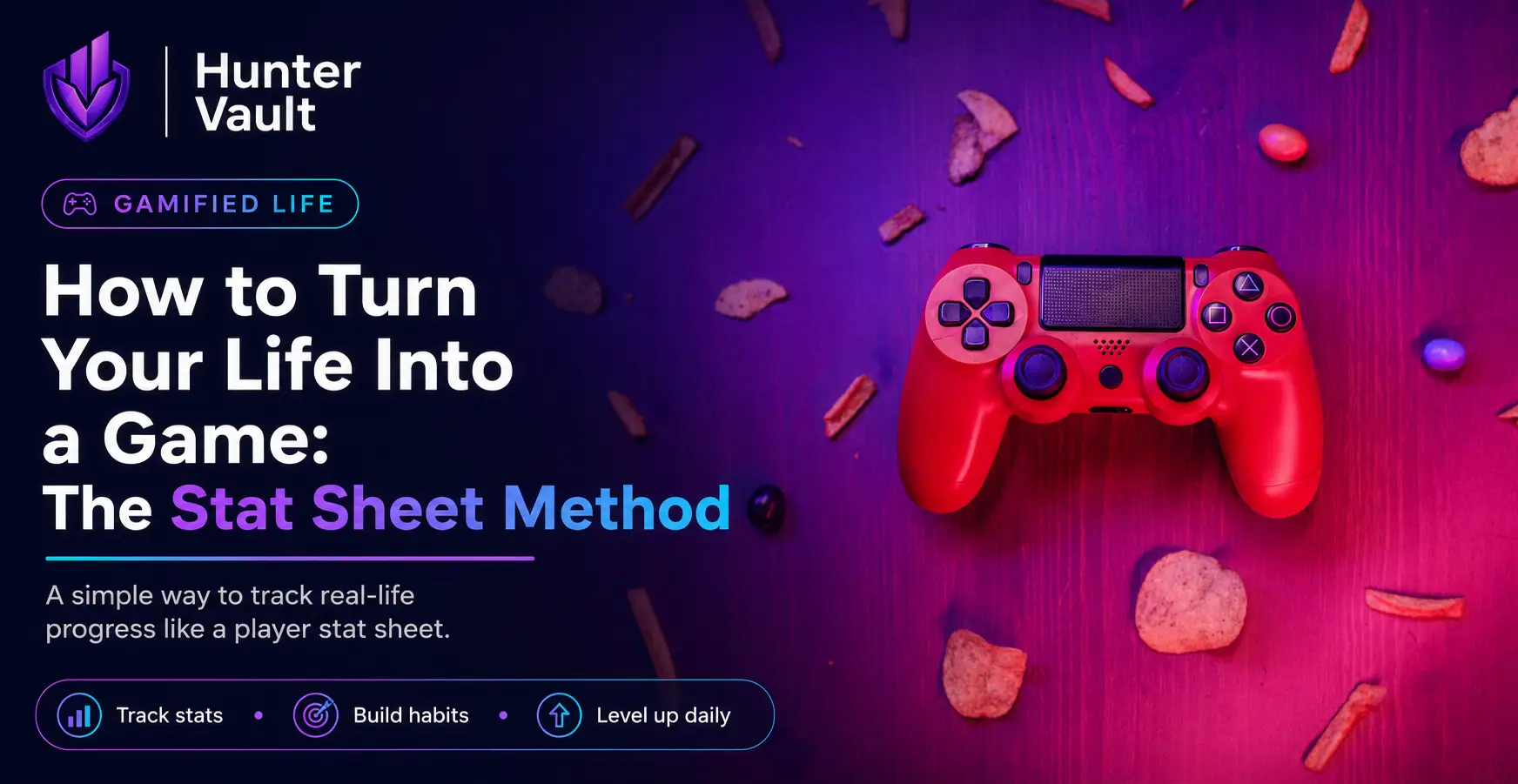 Everyday life shown with game-style stats, XP, and quests overlaid, illustrating how to gamify your life