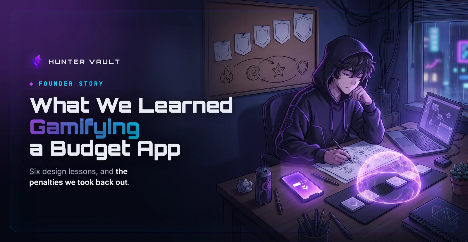 Indie developer at a night desk sketching rank badges and a reward loop on a corkboard while a phone shows a glowing progress bar