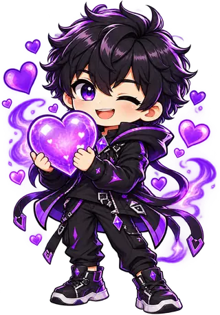 Huntee winking and holding a glowing purple heart